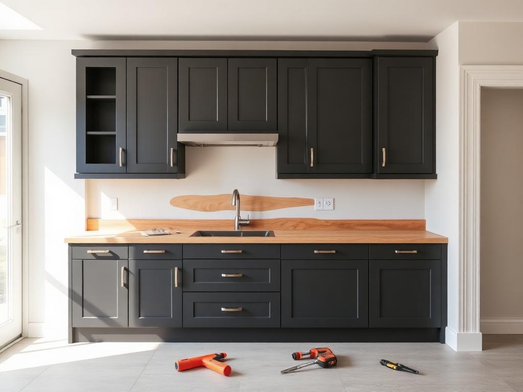 Köksrenovering med mörka skåpluckor och träbänkskiva