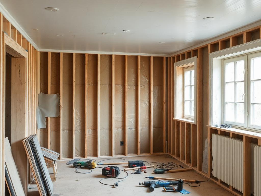 Rum under renovering med öppna reglar och byggverktyg