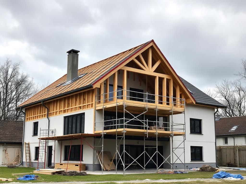 Villa med tillbyggnad under uppförande med byggnadsställning